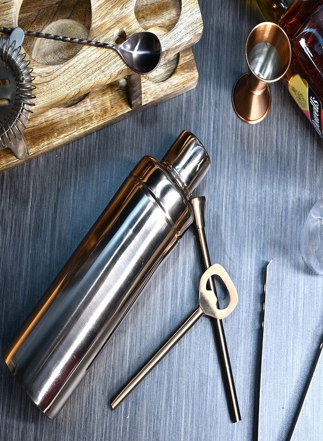 HAINE Barware Tools Bar Set of 8 Pieces Bar Accessories with Wooden Stand, Rose Gold - Image 3